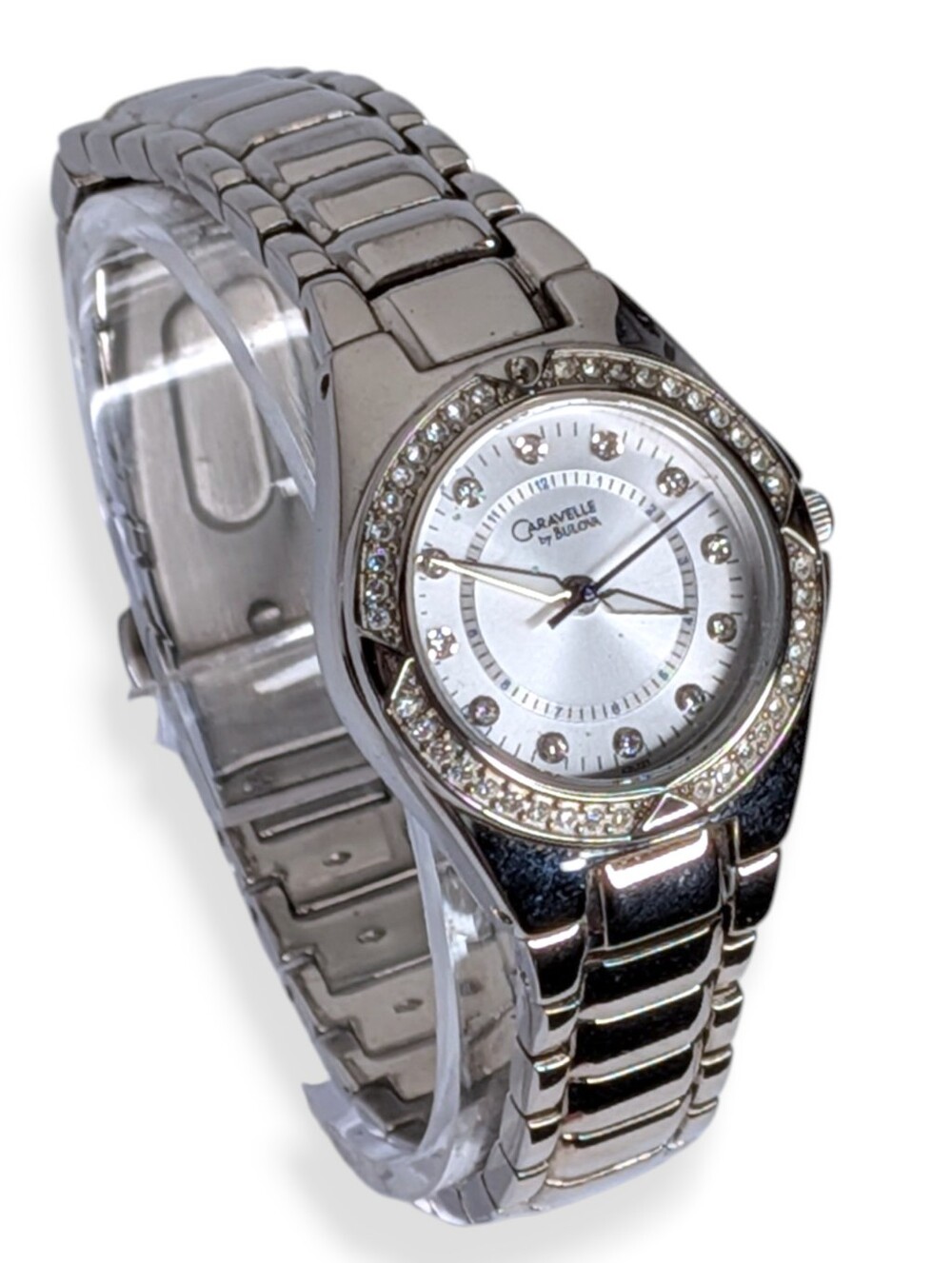 Caravelle Bulova Womens Watch Silver Tone Rhinestone Bezel Mother of Pearl Dial - Picture 2 of 12